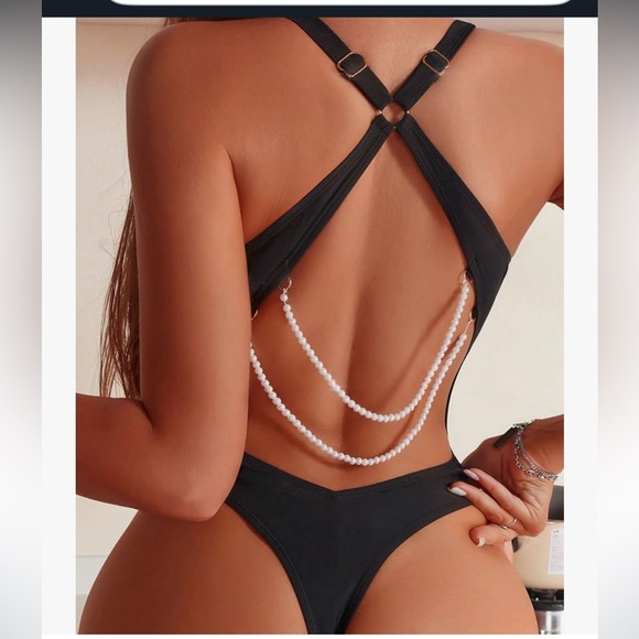 White swimsuit bodysuit rave sexy strappy bondage chain pearl body harness ring - Picture 3 of 6